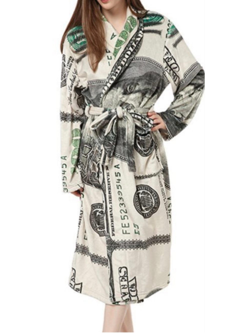 Women's Rongtai Money Print Robe Size L Beige and Green